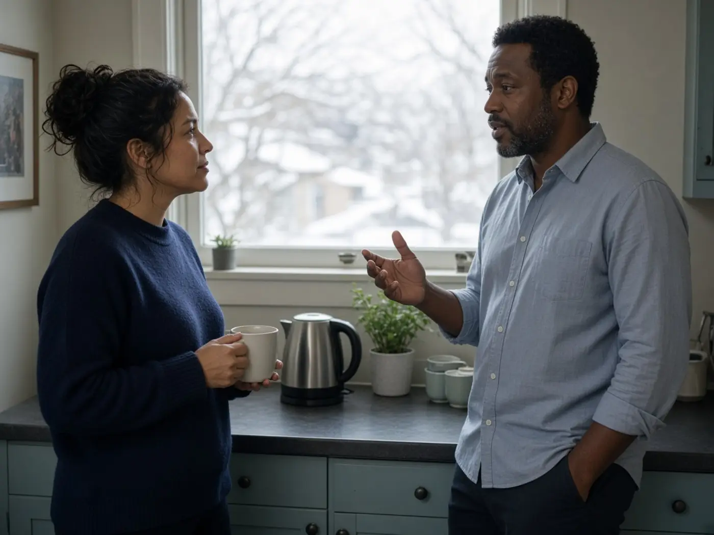 Two coworkers having a brief conversation beside a workplace kettle