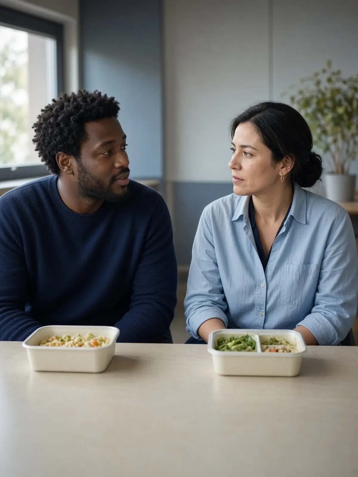 Two coworkers having a longer conversation at a lunch-room table