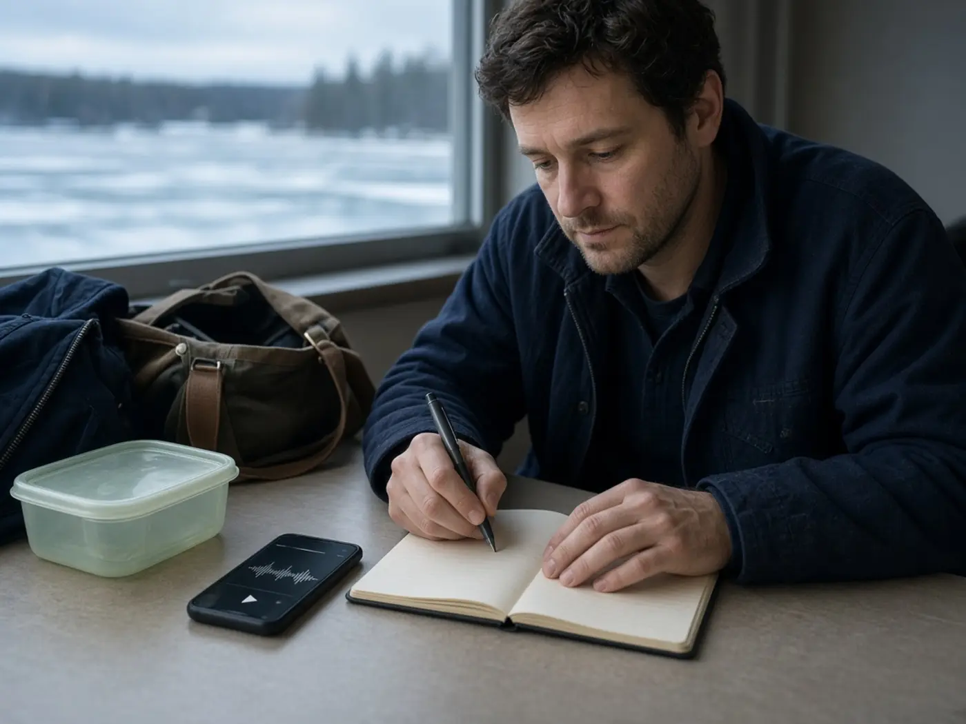 An adult reviewing conversation notes and an audio recording after work